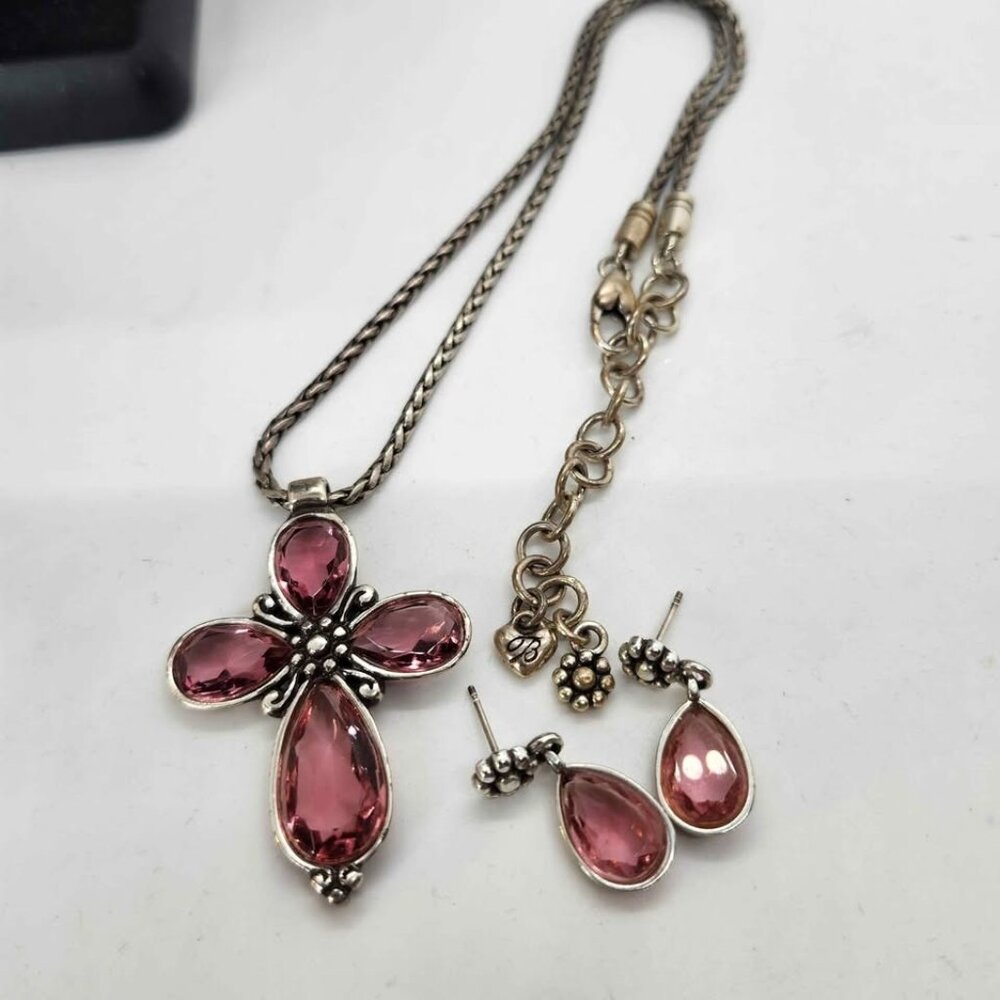 Brighton La Vie en Rose Faceted Pink Crystal Cross Necklace and Earrings Retired